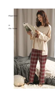 Image 4 - Women Home wear Long Sleeve spring checked Pajamas Sets  wine red plaid Cotton Sleepwear girls indoor clothing female housewear