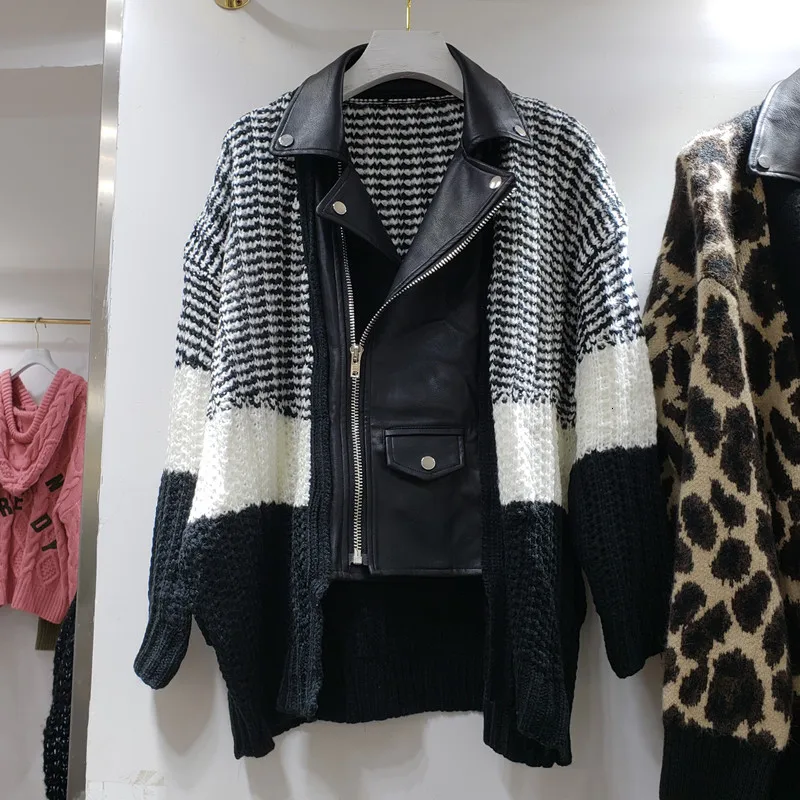 EWQ2019 Осенние Новые пуловеры с длинным рукавом поддельные две части размера плюс вязаный свитер пальто винтажная леопардовая Дамская кожаная куртка QL226 - Цвет: as shown