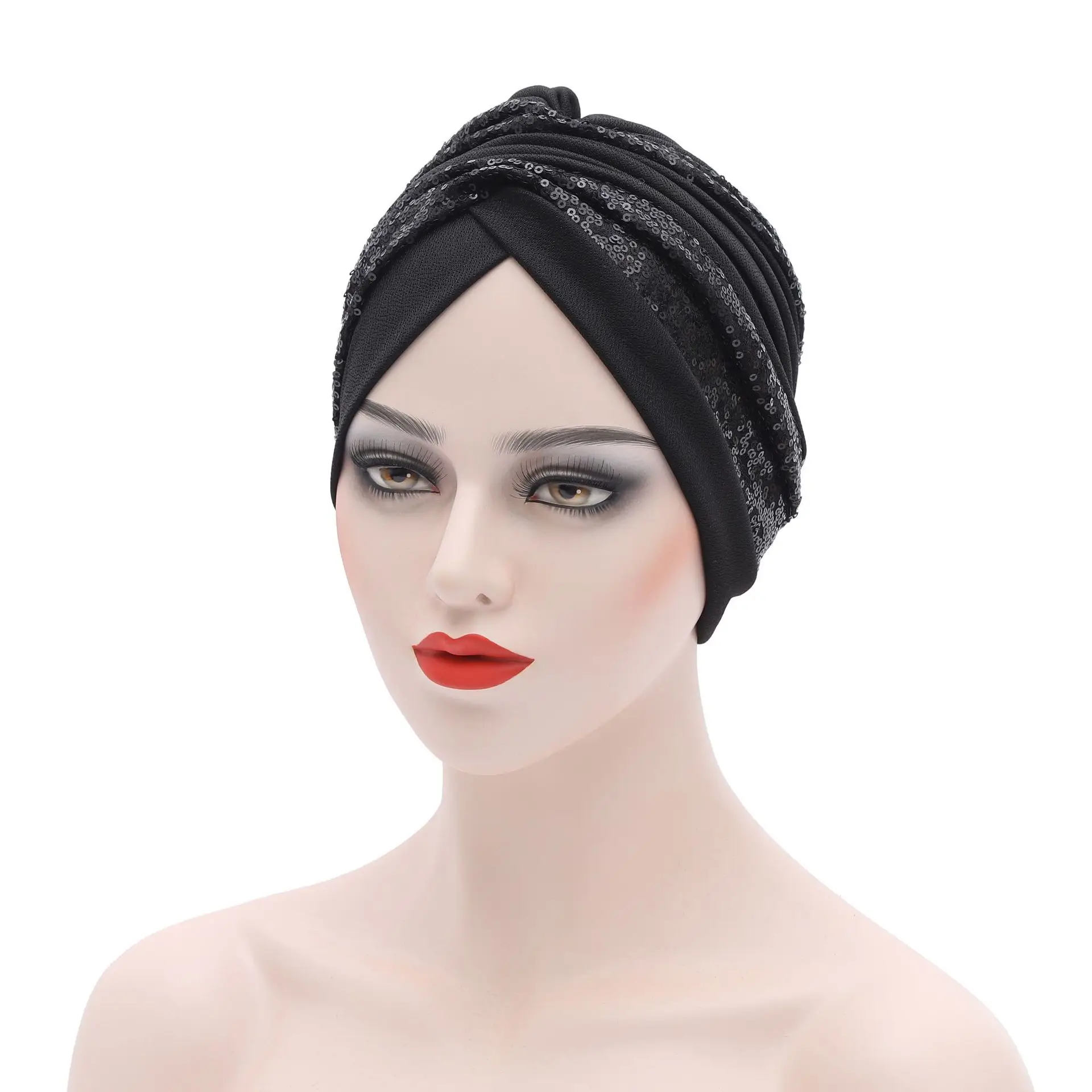 2021 New Fashipn Sequins Crinkle Africa Headtie Muslim Turban Cap Arab India Hijab Hat Women Wrap Head Turbante Mujer african attire for women