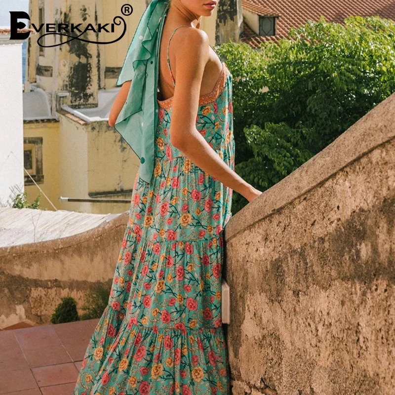 Everkaki женское длинное платье-комбинация с принтом в стиле бохо, с открытой спиной, на шнуровке, летние женские повседневные свободные платья макси, женские платья, новинка