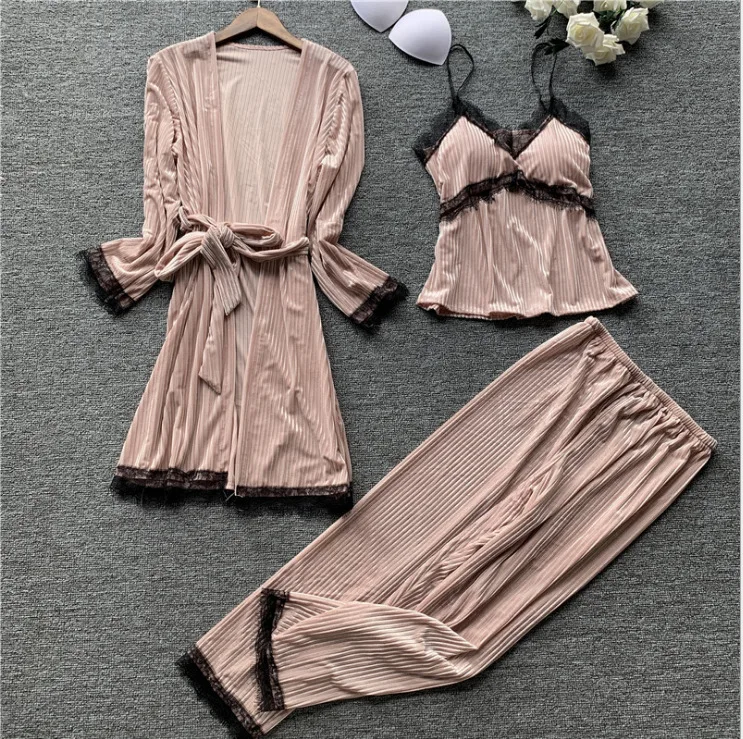 

Women Velvet 4PCS Pajamas Suit Kimono Robe Gown Autumn Winter New Nightwear Sleepwear Lace Nightgown Home Clothes Pyjamas