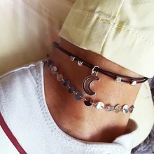 Европейский и американский большой бренд Moon пляжный ножной браслет в богемном стиле, Крутой набор, медный многослойный ножной браслет с блестками