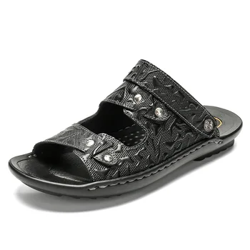 

2020 New Mens Sandals Casual Slippers Outdoor Beach Sneakers Man Black Leather Slippers Men Rubber Mens Flats Sandals Size 38-44