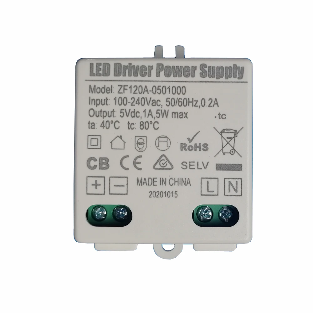 5pcs Constant Voltage LED Driver Power Supply Lighting Transformer Alimentatore ZF120A-05010005W 5VDC, 1A for Vanity Mirror
