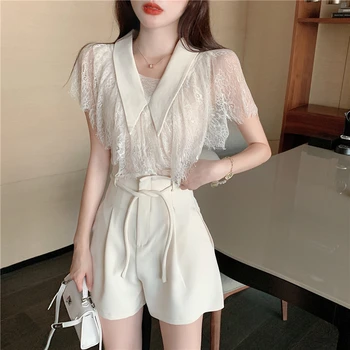 

two piece set Women Shorts Set Women Lace Sexy V Neck Shirt Tops + High Waist Pant 2 piece sets womens outfits clothes crop top