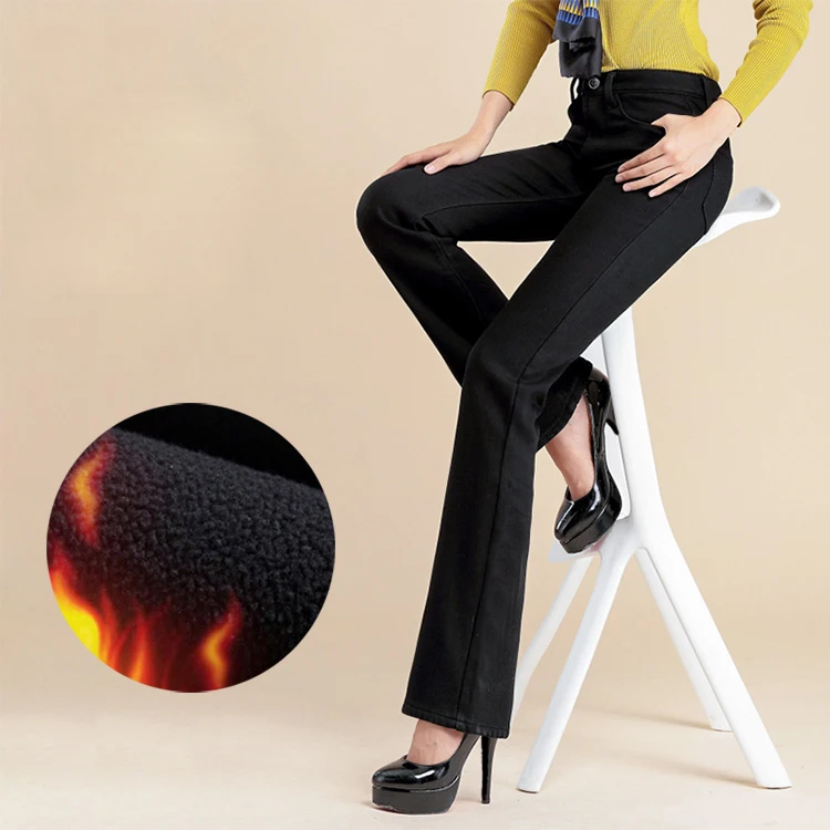 Женские вельветовые утолщенные джинсы со средней талией, деловые повседневные флисовые расклешенные брюки, брюки-клеш, 26-38 - Цвет: Black
