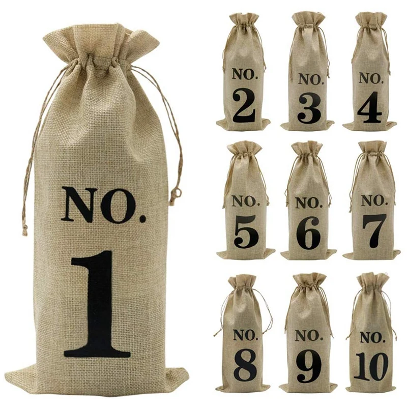 10pcs Jute Wine Bags, 14 X 6 1/4 Inches Hessian Numbered Wine Bottle