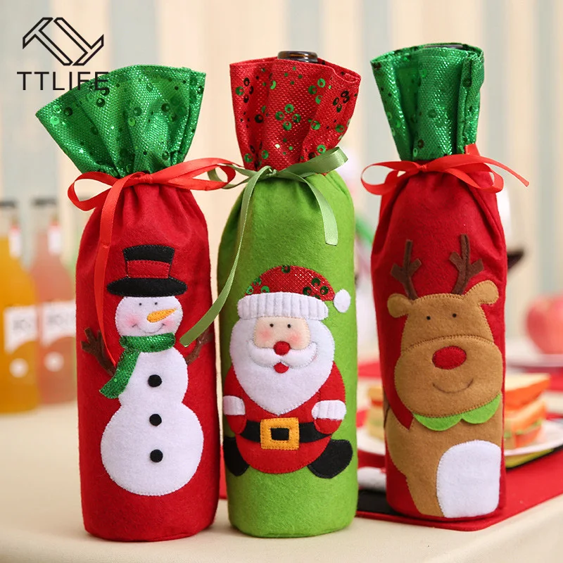 

TTLIFE Cute Christmas Wine Bottle Cover Bag Navidad Banquet Christmas Dinner Plush Cute Snowmen Table Decor New Year Supplies