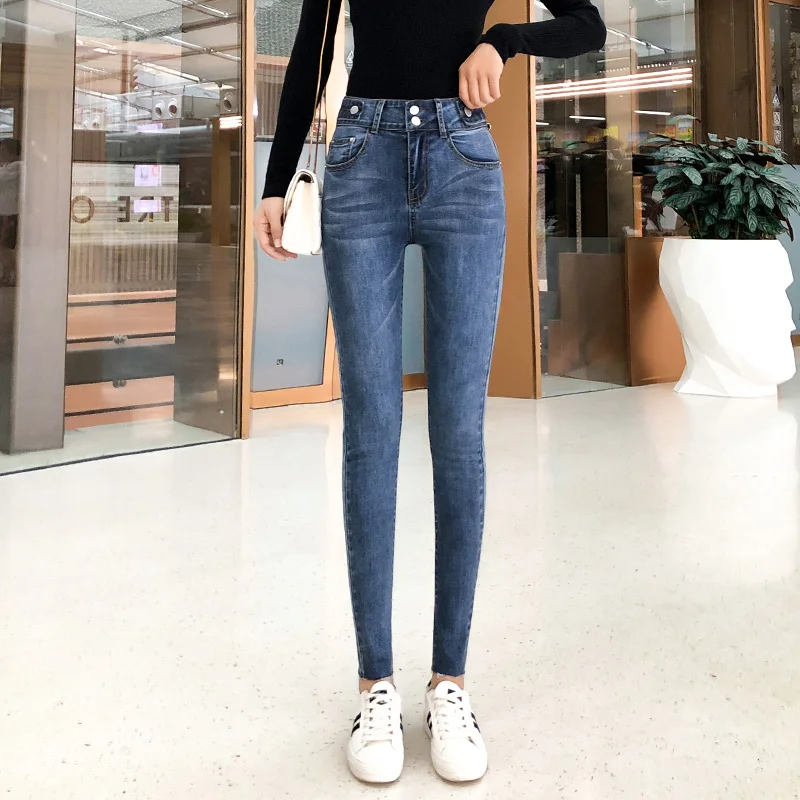Navy blue Новинка, Женские Простые повседневные однотонные Стрейчевые обтягивающие джинсы, модные женские потертые узкие джинсовые брюки-карандаш длиной до щиколотки с высокой талией - Цвет: Navy blue