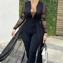 

Spring And Autumn Fashion Ladies Jumpsuit Temperament Commuter Trousers Casual Off-shoulder Long-sleeved See-through Mesh Skirt