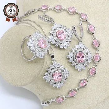 

Pink Cubic Zirconia Silver Color Bridal Jewelry Set for Women Bracelet Earring Necklace Pendant Ring Gift Box