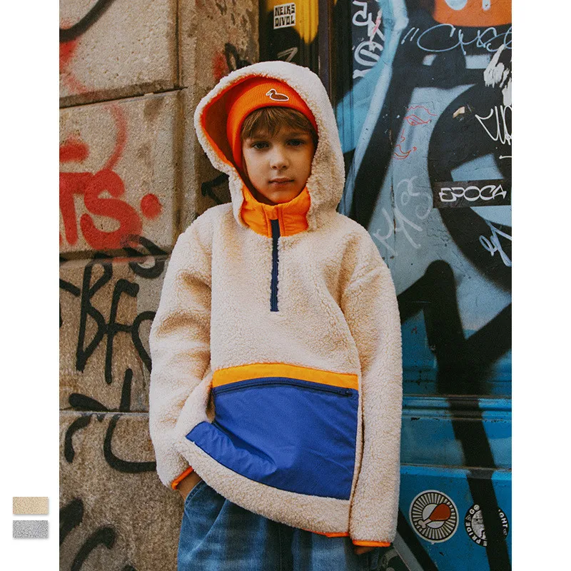 Ouyang&Ivan Father/mather/kid Hoodies Winter New Fashion Thicken Imitation Lambskin Hit Color Family Hooded Fleece Warm Sweater
