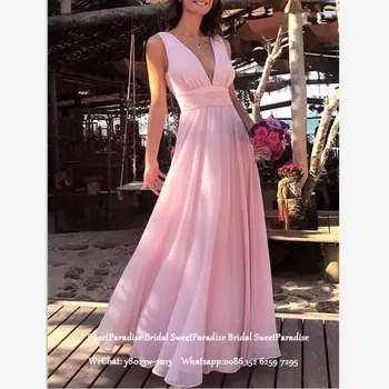 

Cheap Long Formal Evening Dress Flowing Pink Chiffon Plunging Neck Sleeveless A Line Prom Dresses Robe De Soiree