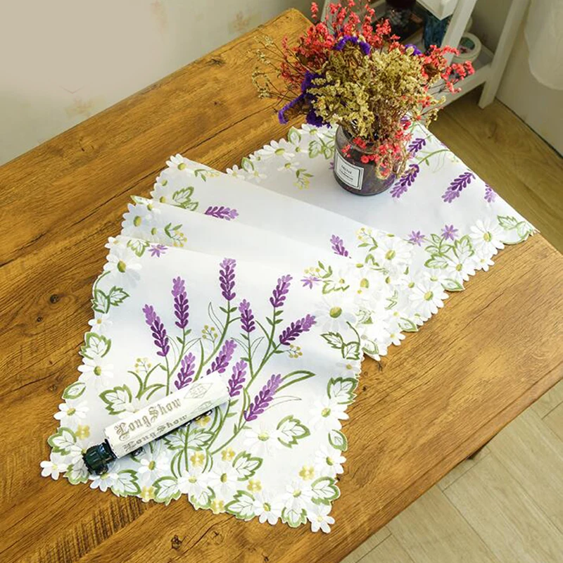 

40x180cm Luxury Purple Lavender Floral Handmade White Satin Cutwork Embroidered Table Runner