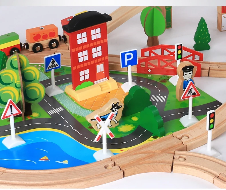 88pcs Montessori Wooden small train track set magnetic electric car head 3-7 years old boy building blocks children's toys