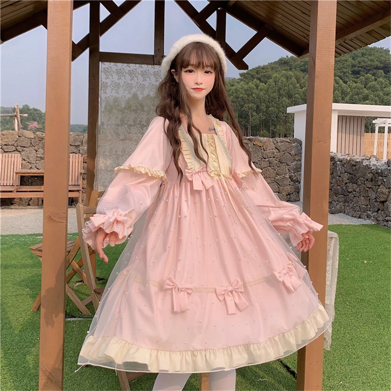

Spring Lolita Sweet Pink Dress Women Autumn Japanese Kawaii Ruffle Mesh Party Dress Teen Girl Long Sleeve Princess Tulle Dresses