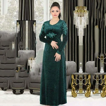 

Eightale Arabic Evening Dresses Dubai Velvet Green Elegant Caftan Mermaid V-Neck Appliques Long Sleeve Kaftan Prom Party Dress