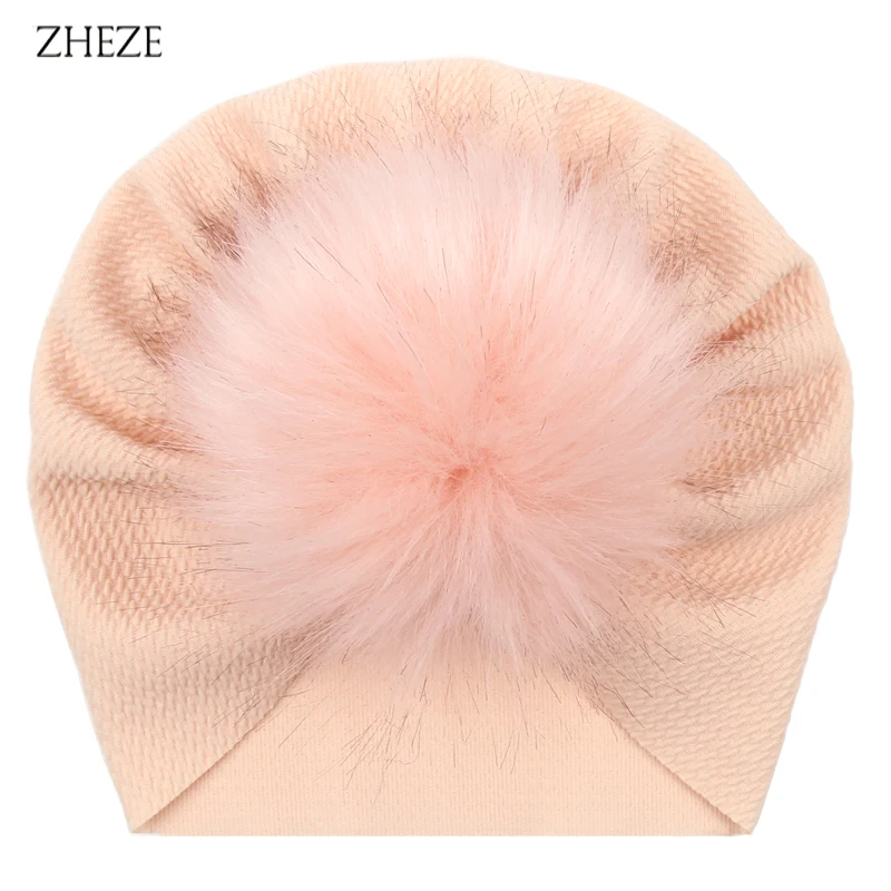 2024 NEW Autum Winter Plush Ball Newborn Baby Hat Elastic Waffles Fabric Hairband Turban Keep Warm Headband For Infant