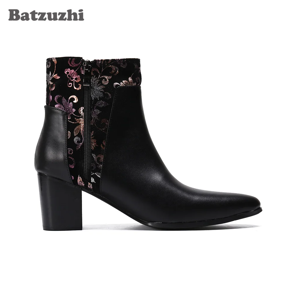 Batzuzhi 7.5CM Heels High Men Boots Black Genuine Leather Ankle Boots Gentlemen chaussure homme Party and Wedding Boots for Men