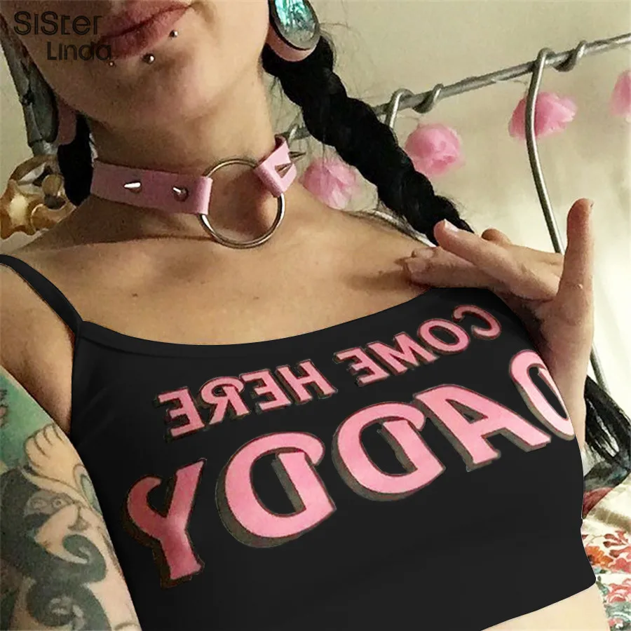 Sisterlinda, хлопок, тонкая посадка, с буквенным принтом, на талии, Топики, сексуальные, Обрезанные, базовые, Топики, для женщин, спагетти, женский жилет, стрейтвейер, кроп-топ