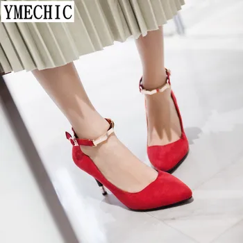 

2018 Red Black Ankle Strap Metal Mary Jane High Heel Shoes Woman Flock Womens Party Wedding Shoes Lady Plus Size Pumps