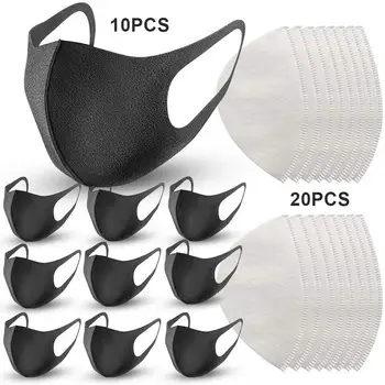 

5/ 10Pcs Face Mask Black Virus Mouth Mask Reusable Anti Pollution Face Shield Wind Anti Haze Bacteria PM2.5 With Filters