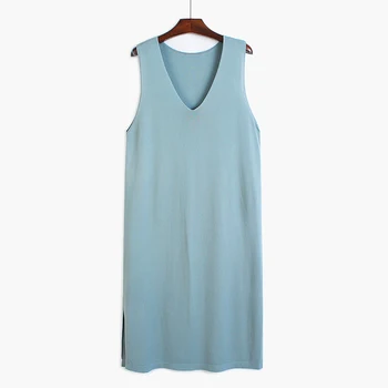 

[EWQ] 2020 Spring Summer New Arrivasl V-neck Sleeveless Solid Pattern Women Casual Loose Was Thin Knee Length Dress AY20301