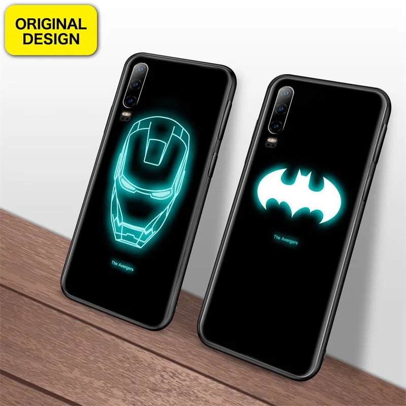 

Marvel Avengers Luminous Tempered Glass Case for huawei P30 Pro Mate20 pro Coque Batman Super Spider Iron Man Venom Phone Cover