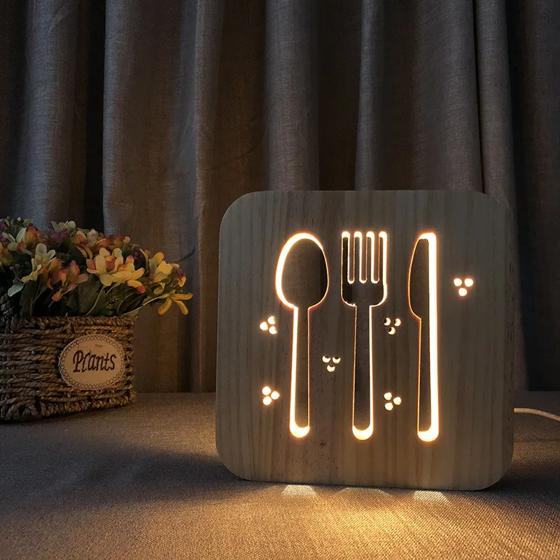 

FS-T1870 Cross Border Tableware Modeling Night Light Creative Amazon Hot Selling LED Wood Carving 3D Lamp