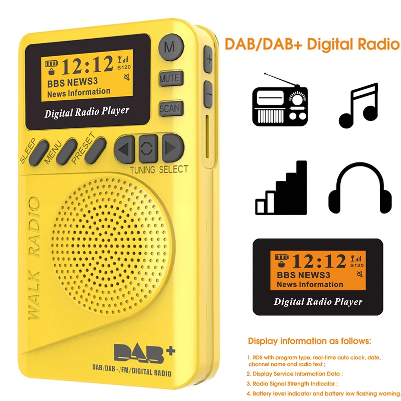 Player com Tela Cartão de Dormir Mini Bolso Rádio Digital Receptor fm Rds Portátil Mp3 Lcd Suporte tf Tempo Conjunto Dab