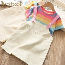 Bear Leader/Детский комплект, новинка года, брендовая одежда для девочек, многослойное платье в горошек на бретельках+ Однотонная футболка, комплекты из 2 предметов, платье для девочек