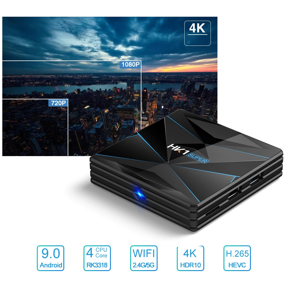 HK1SUPER Smart Android tv Box 4 Гб+ 32 ГБ/64 ГБ 2,4 г/5 г WiFi Android 9,0 телеприставка RK3318 Четырехъядерный 4K VP9 H.265 HD медиаплеер