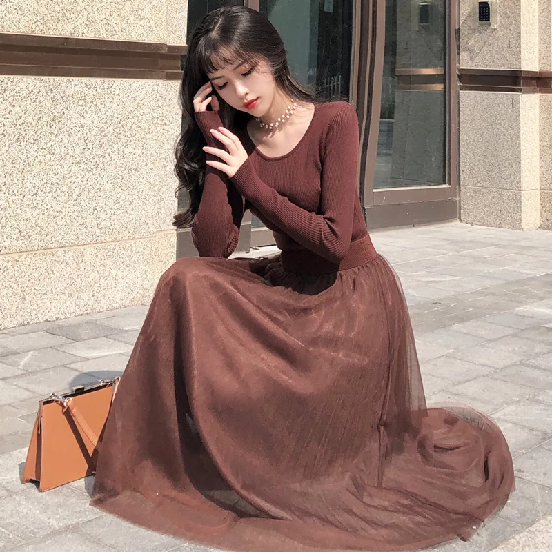 

Foamlina 2019 New Women Knitted Long-sleeved Dress Autumn Fashion O Neck Mesh Patchwork Midi Calf A Line Casual Dress