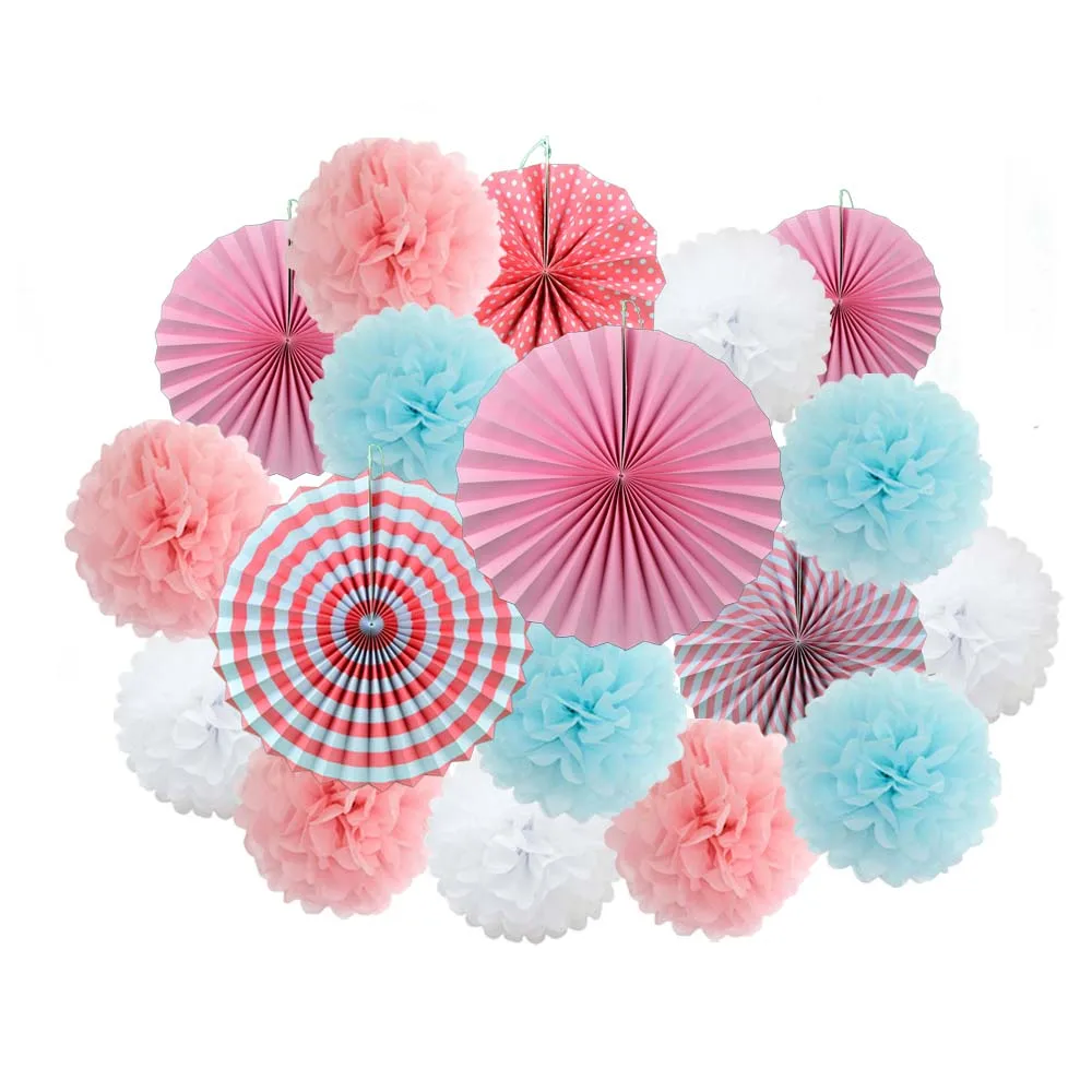 Pink Light Blue Вечерние украшения для мальчиков и девочек, 18 шт., розовый набор, разные размеры, бумажные поделки для детей, декор для дня рождения, подвесные бумажные веерные украшения с помпонами - Цвет: Pink Light Blue