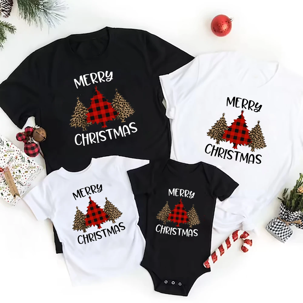 

Семейная одежда с надписью "Merry Christmas" и принтом деревьев, Детские футболки для мамы, папы, футболки с коротким рукавом и графическим принтом в стиле Харадзюку, рождественский подарок