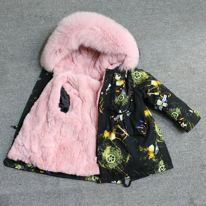 Одежда для маленьких девочек зимняя куртка с натуральным мехом парка, ветровка для мальчика с большим мехом, пальто с капюшоном для девочек, детские куртки, одежда - Цвет: green pink fur