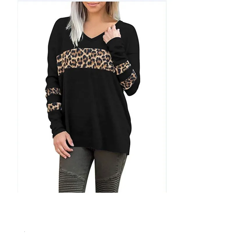 

Leopard Print Split Joint V Lead Long Sleeve T shirt