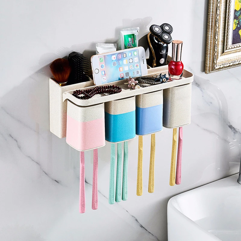 

Multifunction Wheat Four-Color Cup Toothbrush Holder Creative storage compartment dust-proof sanitary bathroom accessories