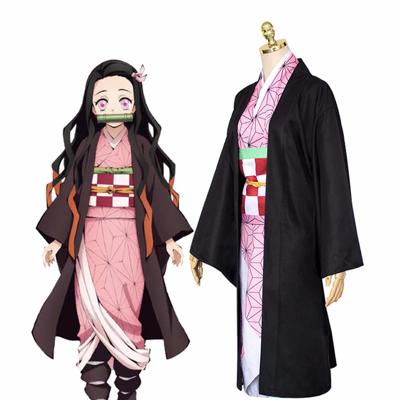 

Anime Demon Slayer Kamado Nezuko Cosplay Costume Kimetsu no Yaiba Girls Pink Kimono Halloween Costumes Full set for Women