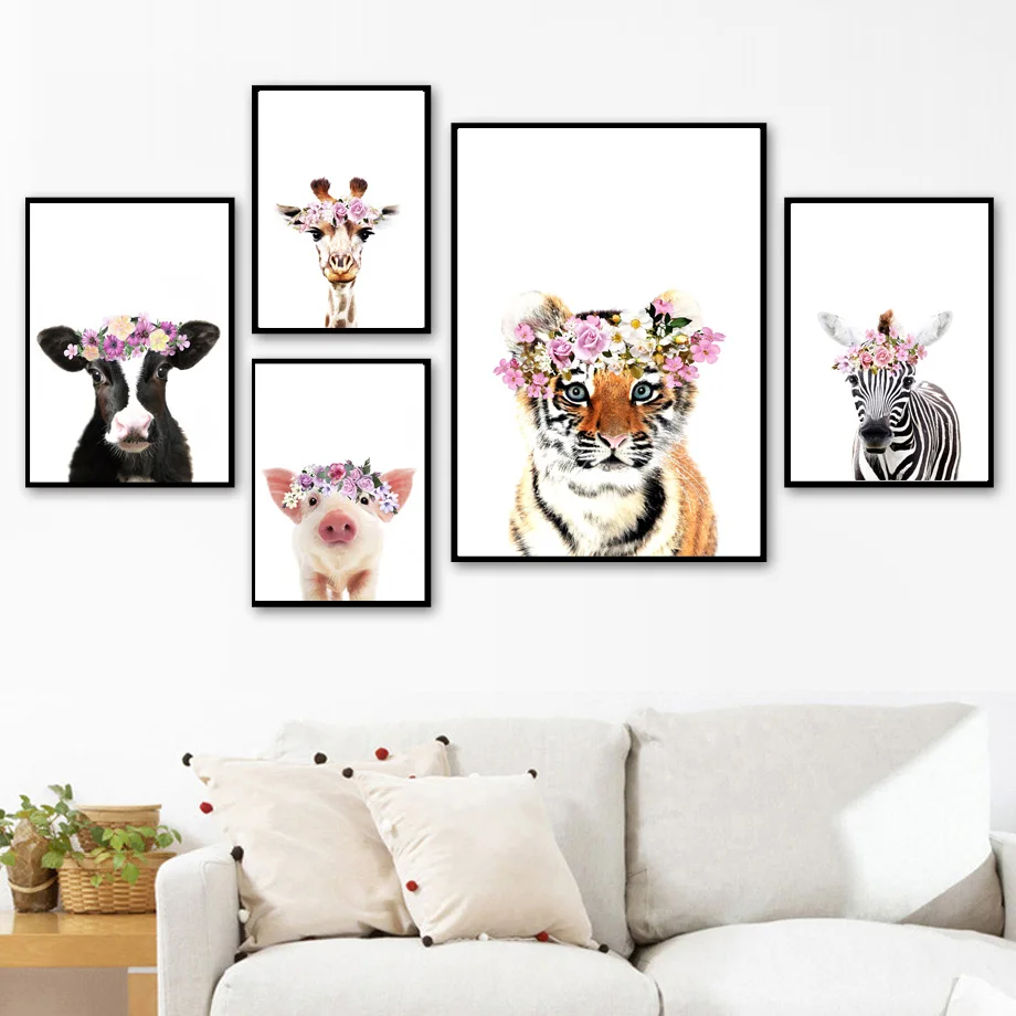 Слон жираф Тигр кролик корова свинья стены Художественная печать на холсте живопись плакаты на скандинавскую тему и принты настенные картины для детской комнаты декор
