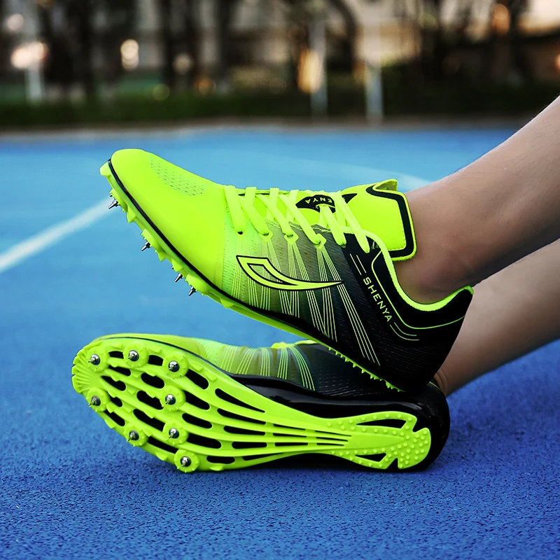 Новая мужская и женская спортивная обувь для бега с шипами оранжевого и зеленого цветов; Мужская обувь для экзамена; спортивная обувь с шипами