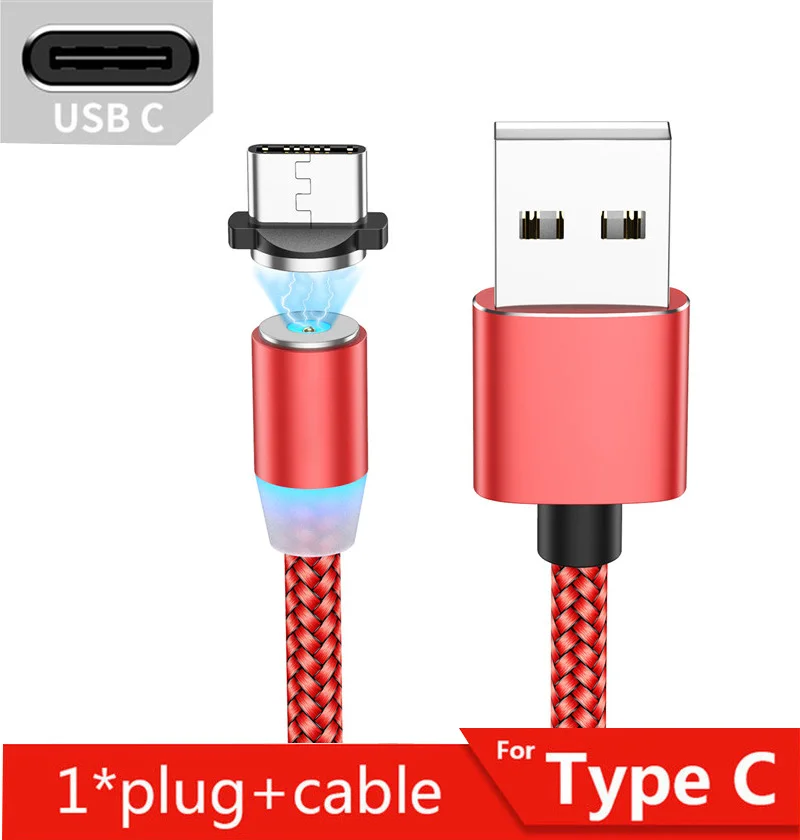 Red for Type-c Tkey 1 м/2 м USB кабель тип-c светодиодный светильник Магнитный кабель лилон Плетеный Микро магнит зарядное устройство для мобильного телефона для iphone Xr samsung S10 - Цвет: Red for Type-c