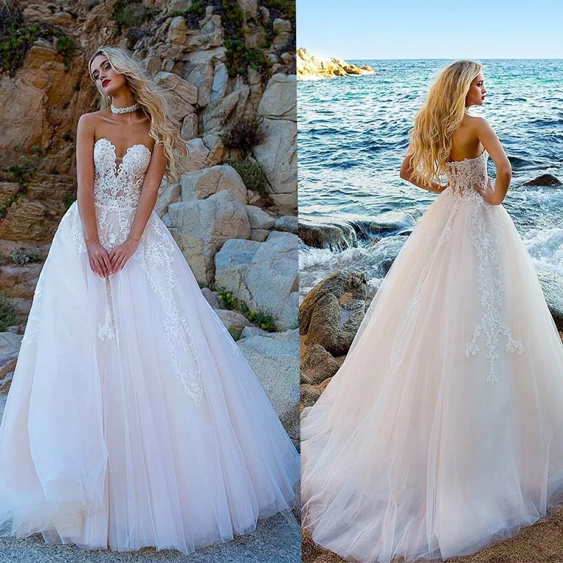 

Sexy Princess Lace Appliques A-Line Wedding Dresses Custom Made Long Beach Bridal Gowns Custom Plus Size Bride Wedding Dress