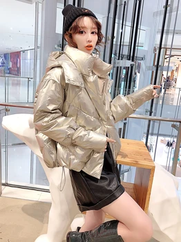 

Women's Winter Parkas 2019 Loose Hooded Plus Size Thick Cotton Short Bright Cotton Glossy Shiny Coats Silver Black Parkas AS811