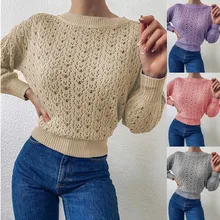

Loose Plus Size Casual Knit Sweater Women's Hollow Solid Color Round Neck Pullover Polyester Long-sleeved Tops Autumn and Winter
