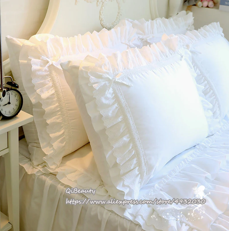 Pillow-Cover Bedding Cotton Princess Pure-White Lace Flounced Double-Layer