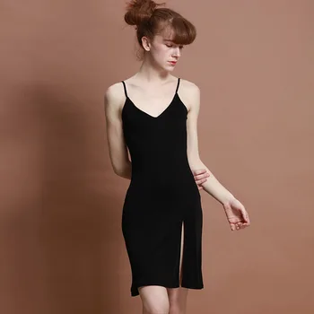 

Spring Summer New Style Real Silk Mulberry Silk Long WOMEN'S Nightgown Base Skirt Sexy Slit Strapped Dress Loose And Plus-si