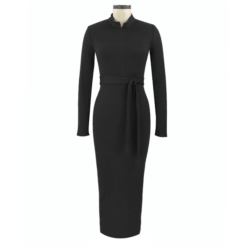 YD5237-black Женское зимнее трикотажное платье-свитер, женские вечерние платья миди с длинным рукавом на молнии - Цвет: YD5237-black