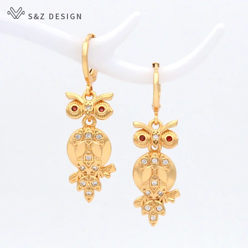 S&Z DESIGN New Fashion Dragonfly Peacock Owl Animal Dangle Earrings For Women Jewelry Champagne Gold Color Classic Eardrop
