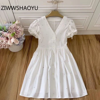 

ZIWWSHAOYU Female Summer White Sweet Party Mini Short Dress Runway Designer Women V-Neck Diamonds Ruched Cotton Dresses Vestidos